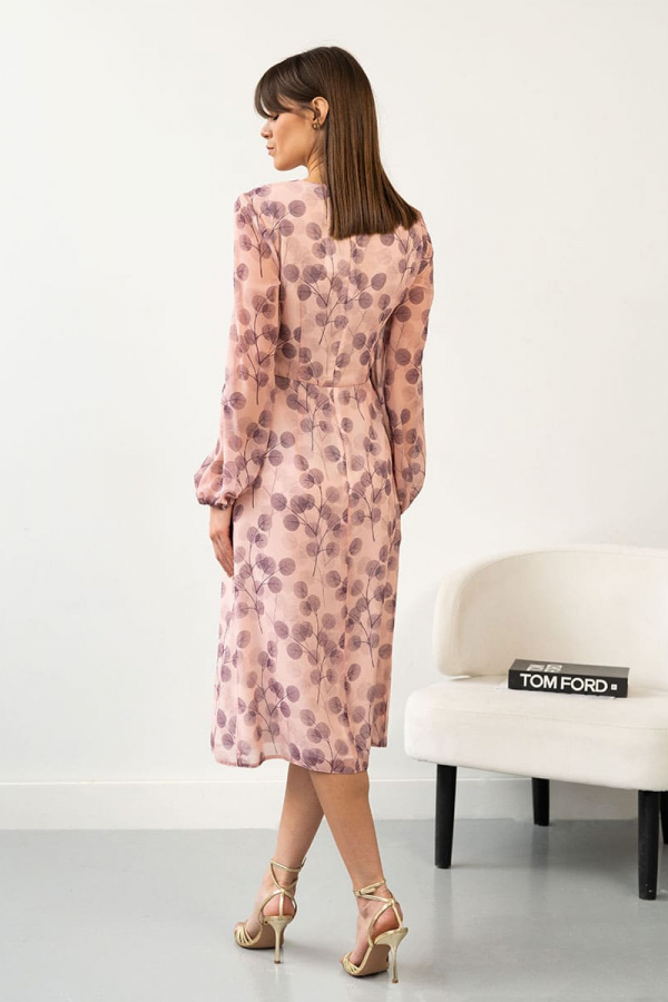 Сукня силуетна міді рожева з довгим рукавом 1