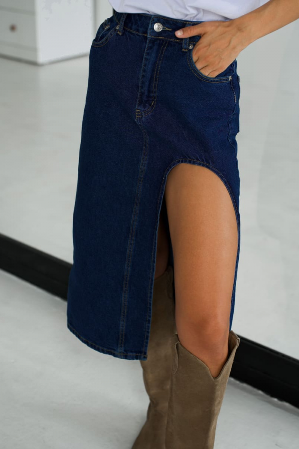 Спідниця міді джинсова синього кольору з широким розрізом 1