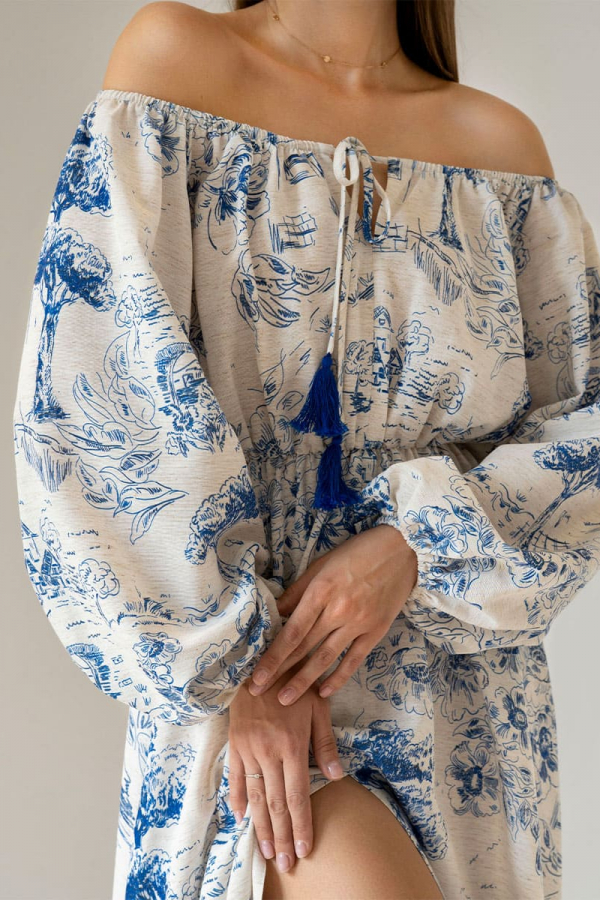 Сукня міді лляна білого кольору в блакитний принт 1