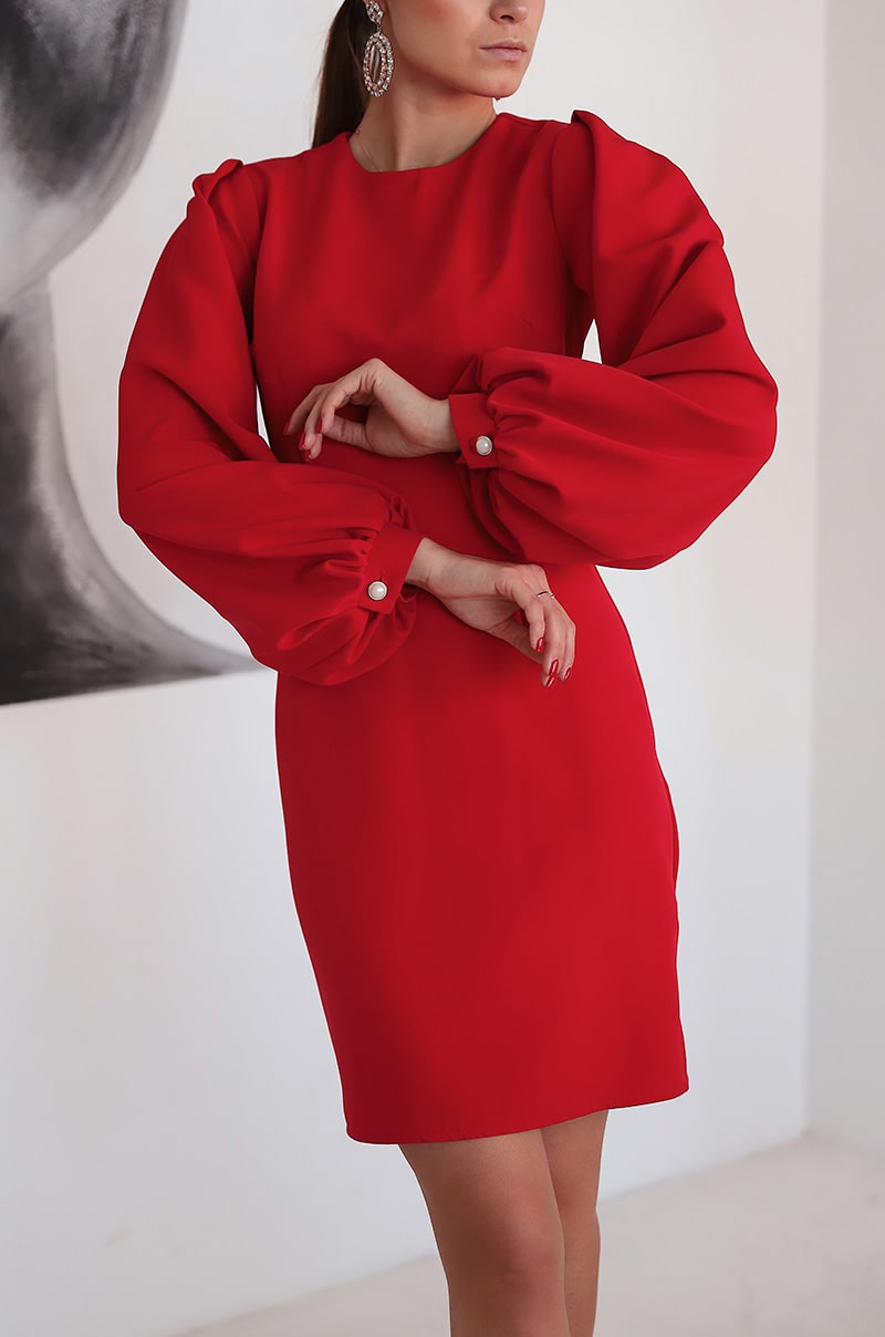 Платье красное с объёмными рукавами 4