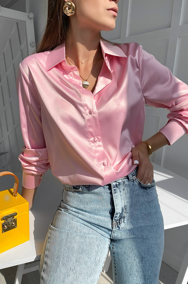 Блуза розовая шелковая с поясом 2