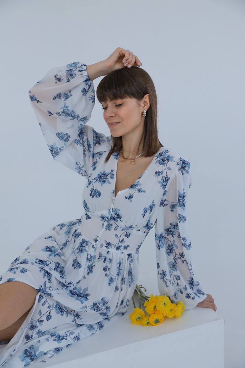 Сукня міді шифонова білого кольору в сині квіти 3