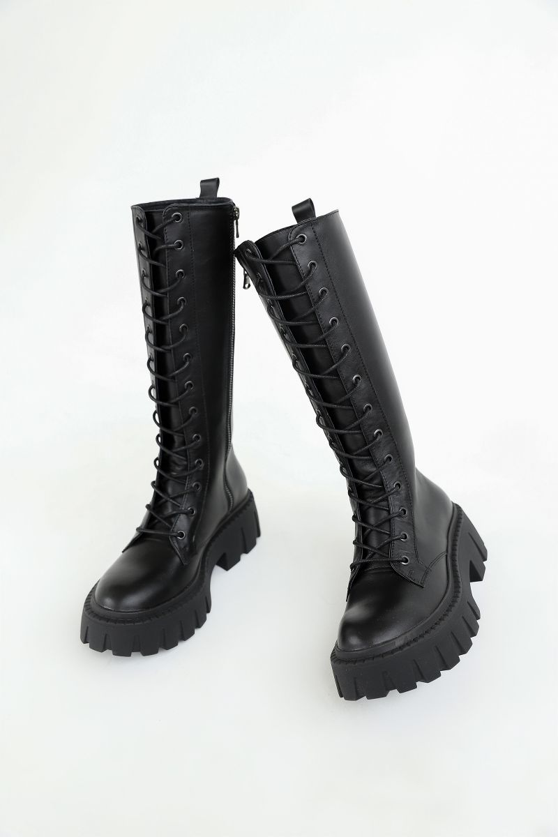 Ботинки на шнуровке высокие с грубой подошвой цвет черный кожаный подклад 3