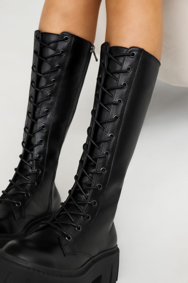 Ботинки на шнуровке высокие с грубой подошвой цвет черный кожаный подклад 7