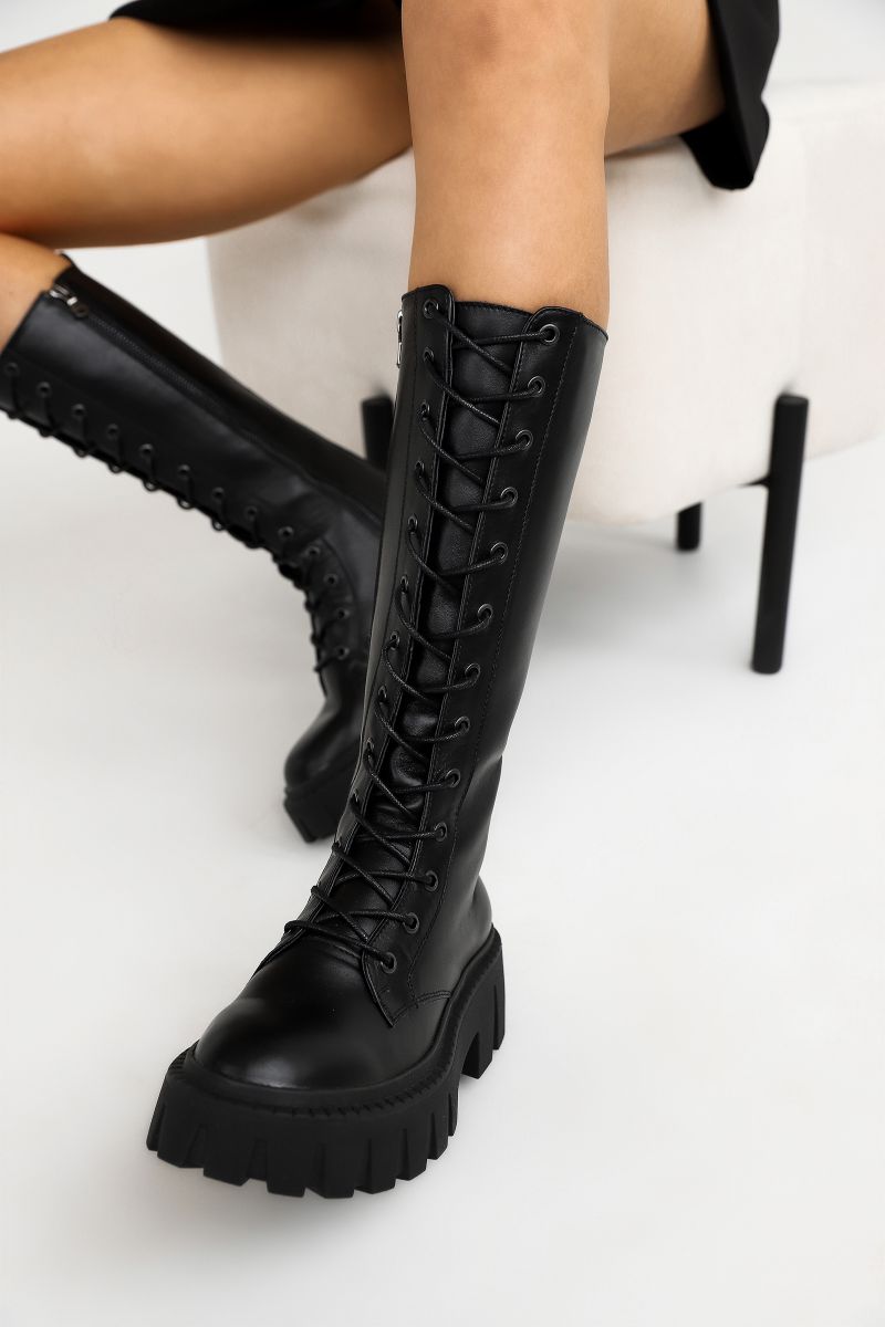 Ботинки на шнуровке высокие с грубой подошвой цвет черный кожаный подклад 8