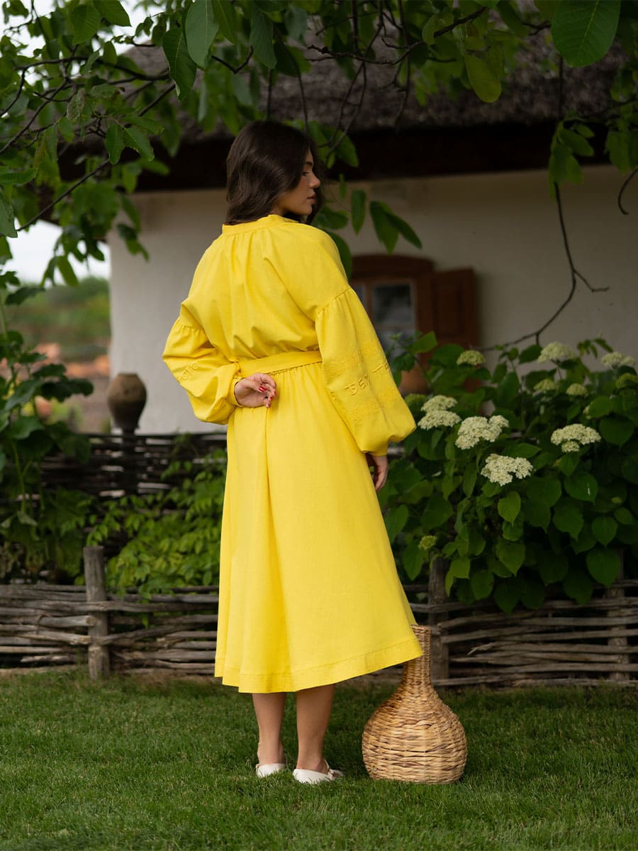 Сукня-вишиванка міді лляна жовтого кольору 6