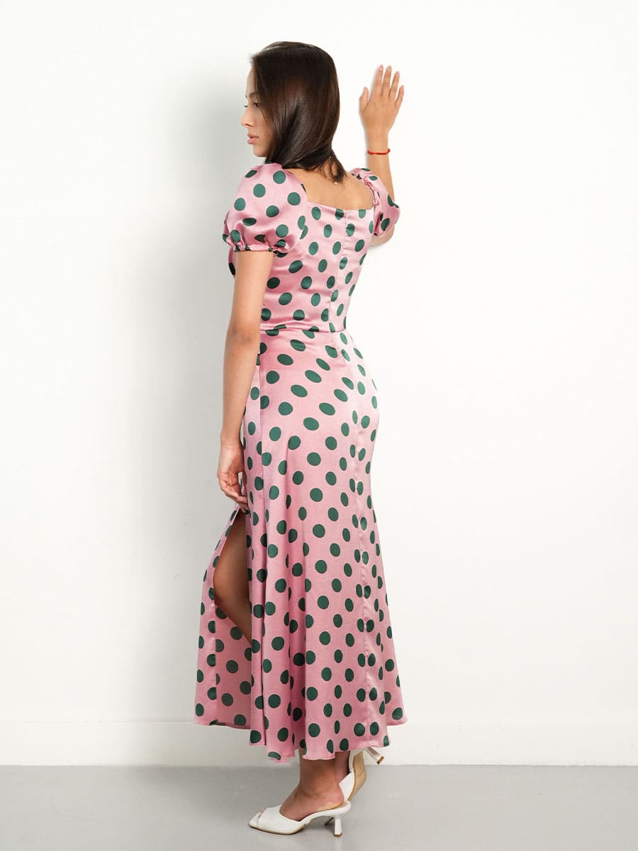 Сукня міді рожевого кольору в зелений горох 3