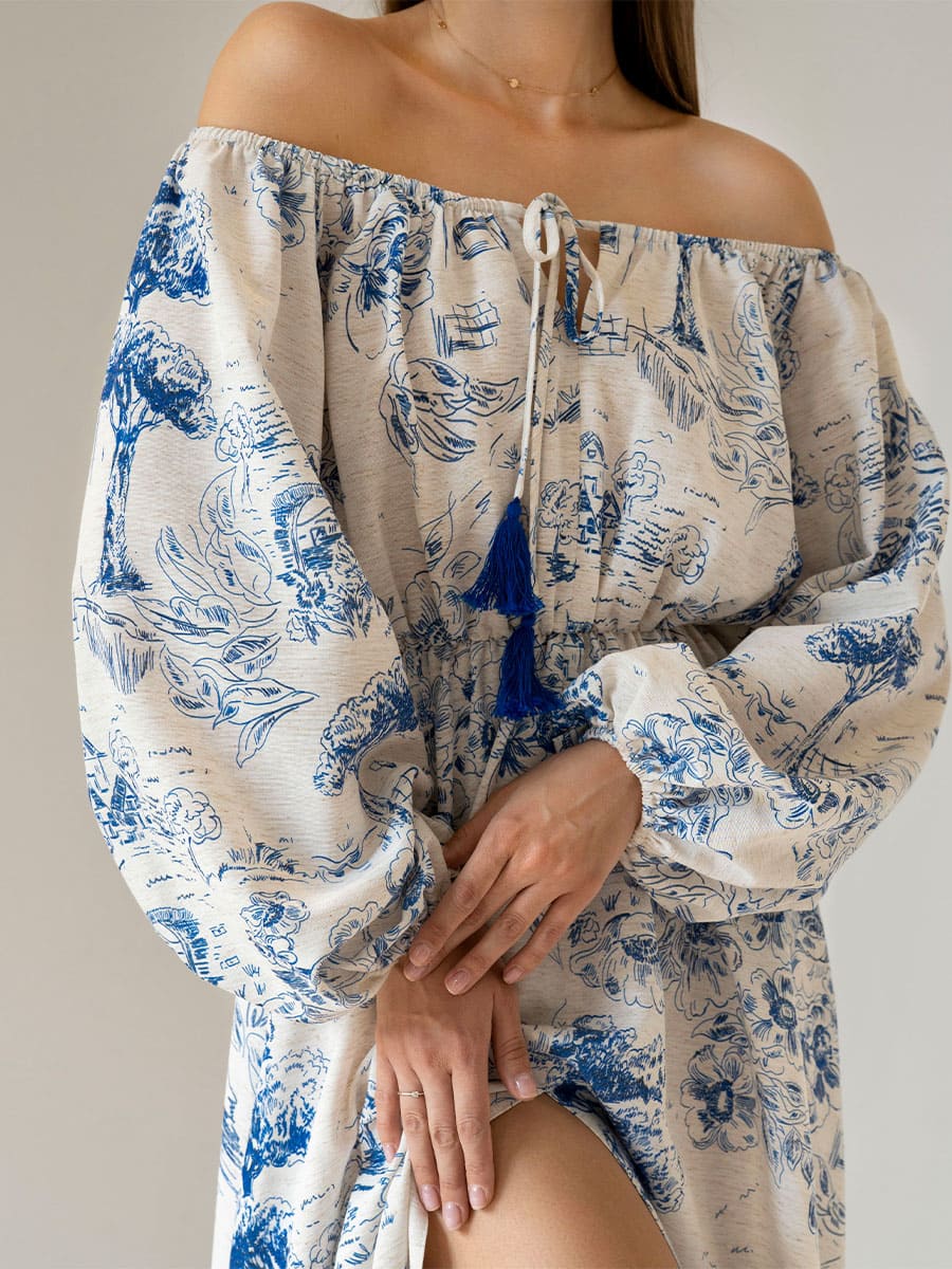 Сукня міді лляна білого кольору в блакитний принт 2