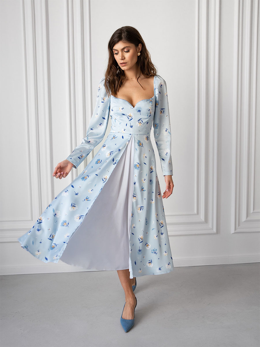 Сукня міді блакитного кольору з розрізом 1