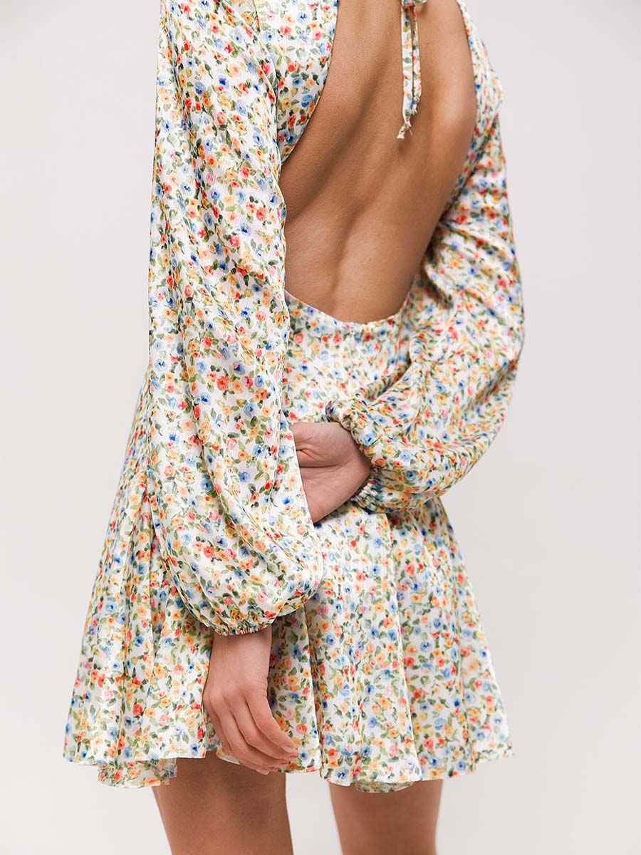 Сукня міні шифонова молочного кольору в квітковий принт 2