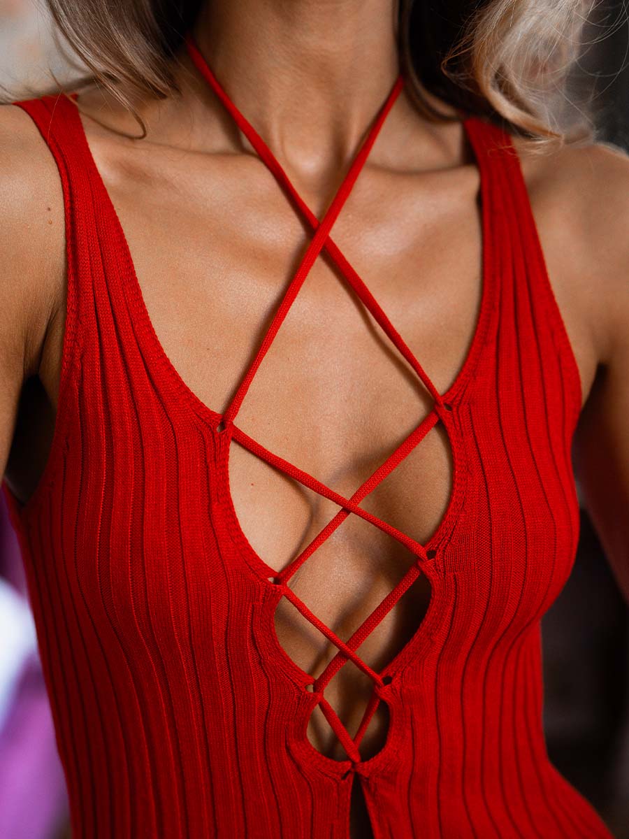 Сукня міді червоного кольору двостороння зі шнурівкою 5