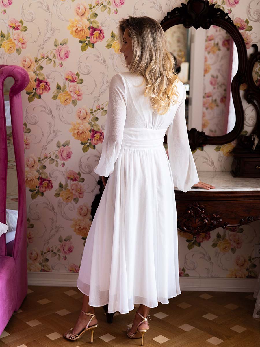 Сукня міді білого кольору шифонова зі збіркою на талії 8