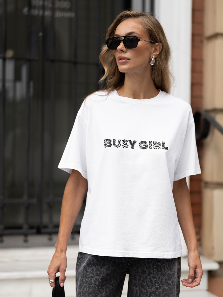 Футболка oversize белого цвета принт серый леопард BUSY GIRL 1