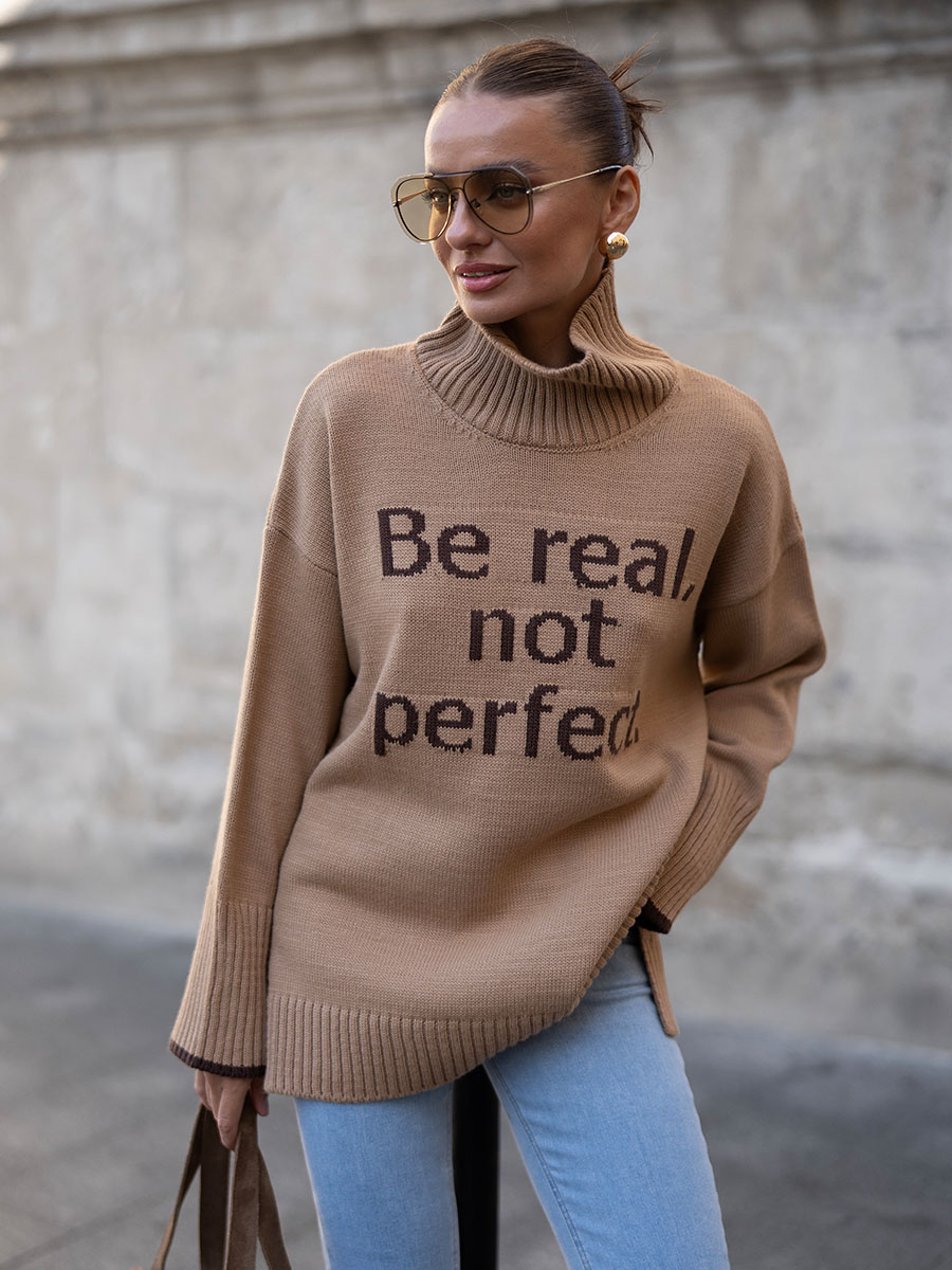 Светр oversize бежевого кольору з принтом Be real not perfect 1