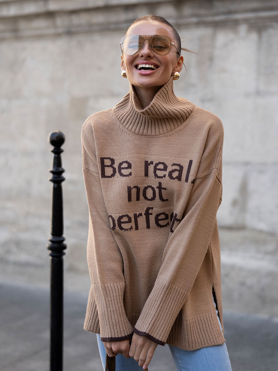 Светр oversize бежевого кольору з принтом Be real not perfect 2