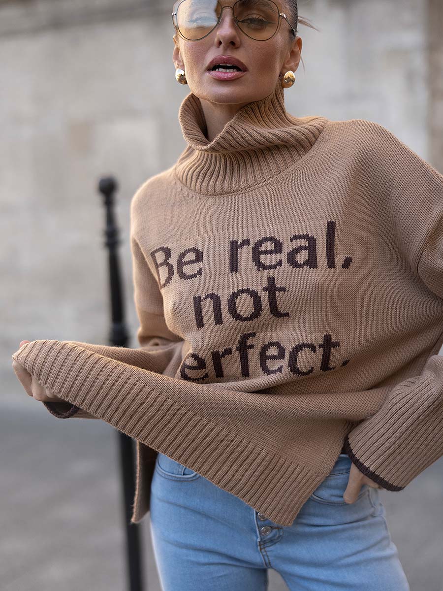 Светр oversize бежевого кольору з принтом Be real not perfect 1