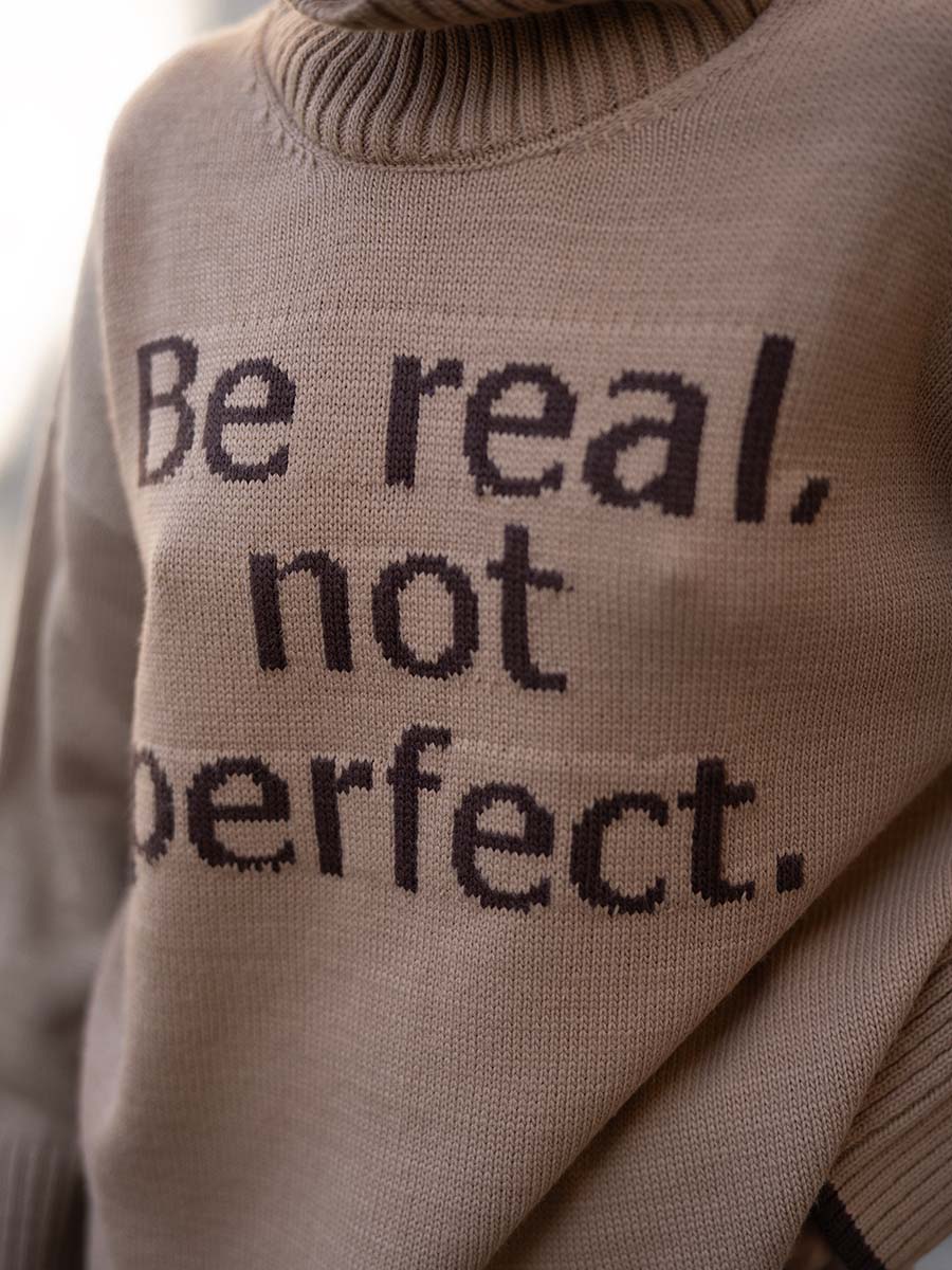 Светр oversize бежевого кольору з принтом Be real not perfect 5