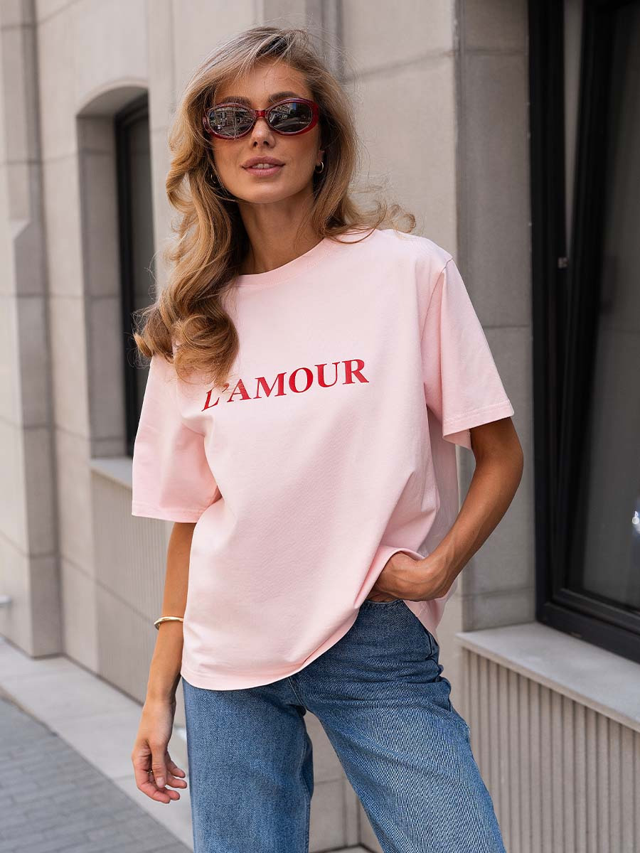 Футболка oversize розовая с принтом L'amour 1 Футболка oversize розовая с принтом L'amour 1