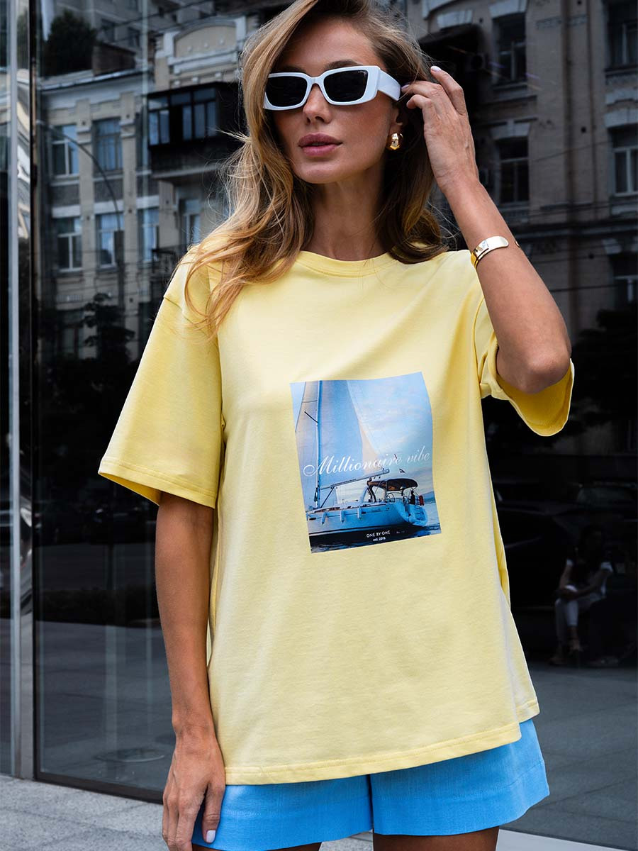 Футболка oversize желтая с принтом Millionaire vibe 1 Футболка oversize желтая с принтом Millionaire vibe 1