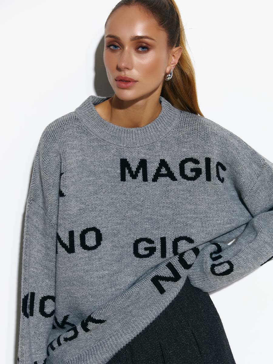 Светр oversize сірого кольору з принтом NO RISK NO MAGIC 4