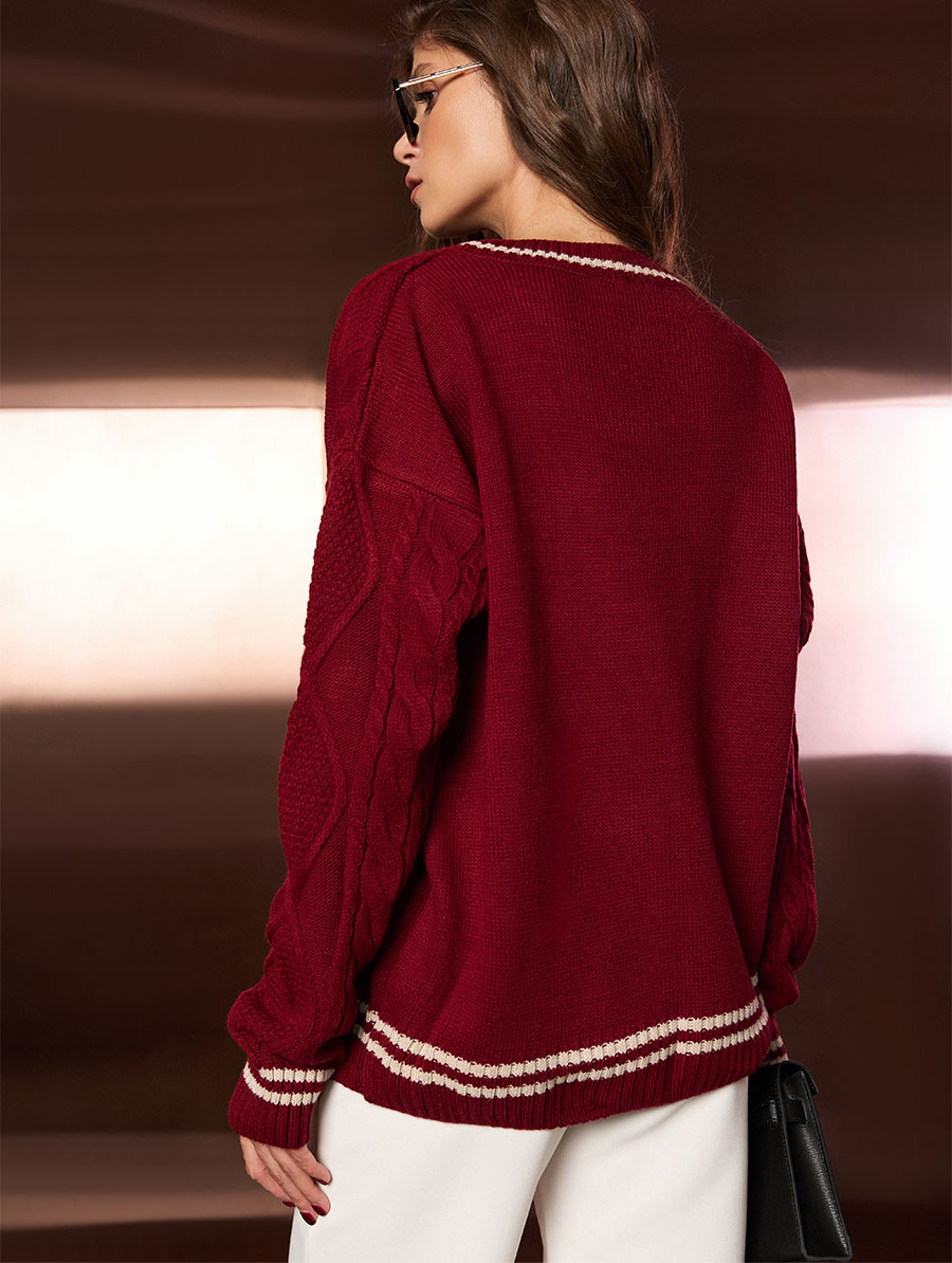 Светр бордового кольору ромби та коси 1
