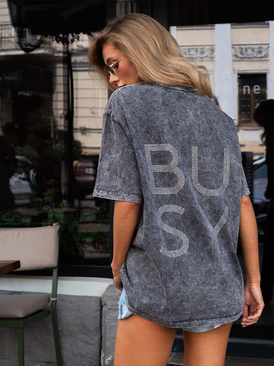 Футболка вареная серая со стразовым принтом Busy 1