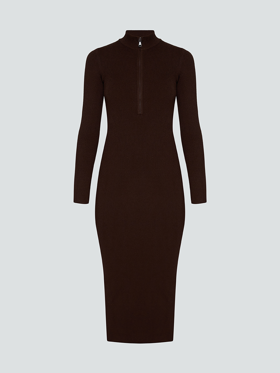 Сукня міді коричневого кольору з коміром стійка та  на блискавці 1
