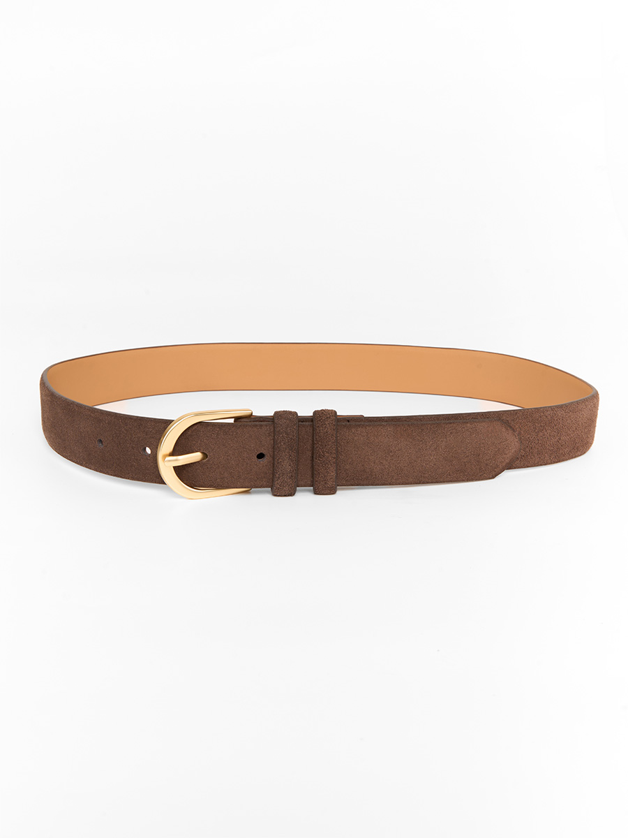 Ремінь замшевий коричневого кольору з жовтою овальною пряжкою 2