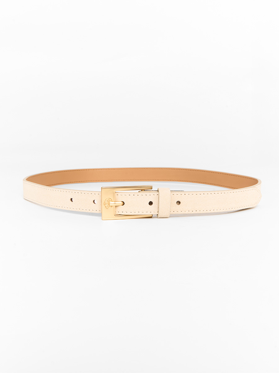 Ремінь замшевий молочного кольору вузький з жовтою прямокутною пряжкою 2