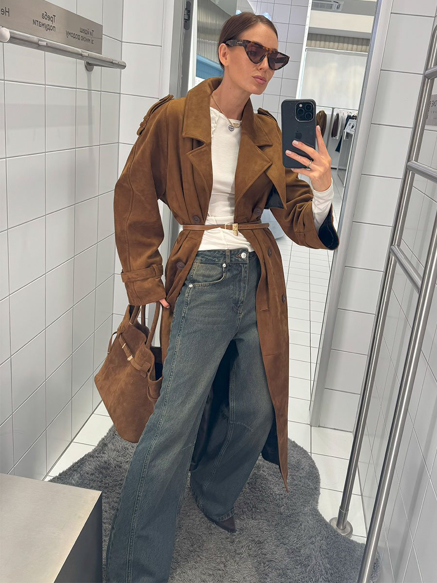 Джинси прямого крою сіро-коричневого кольору з виточками на колінах 1