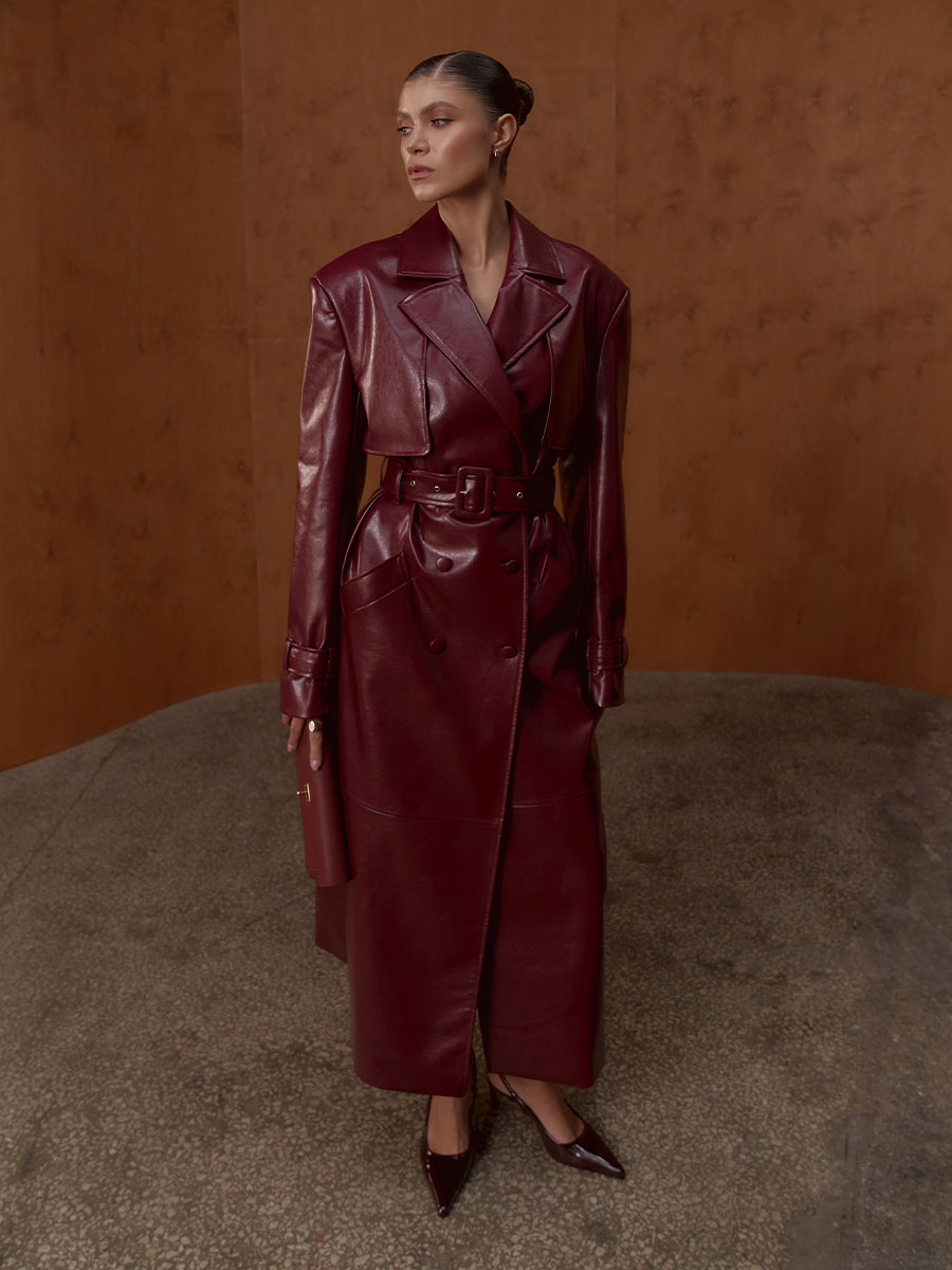 Тренч бордового кольору з еко-шкіри 1