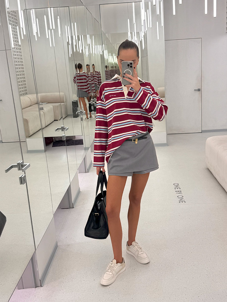 Лонгслів-поло бордового кольору з коміром в смужку 1