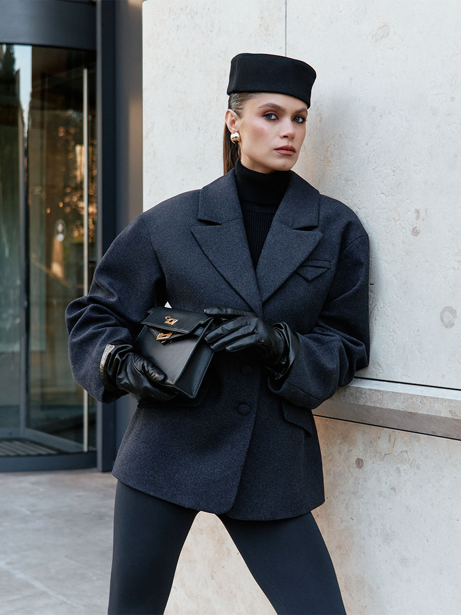 Пальто міні темно-сірого кольору з об'ємним рукавом 1