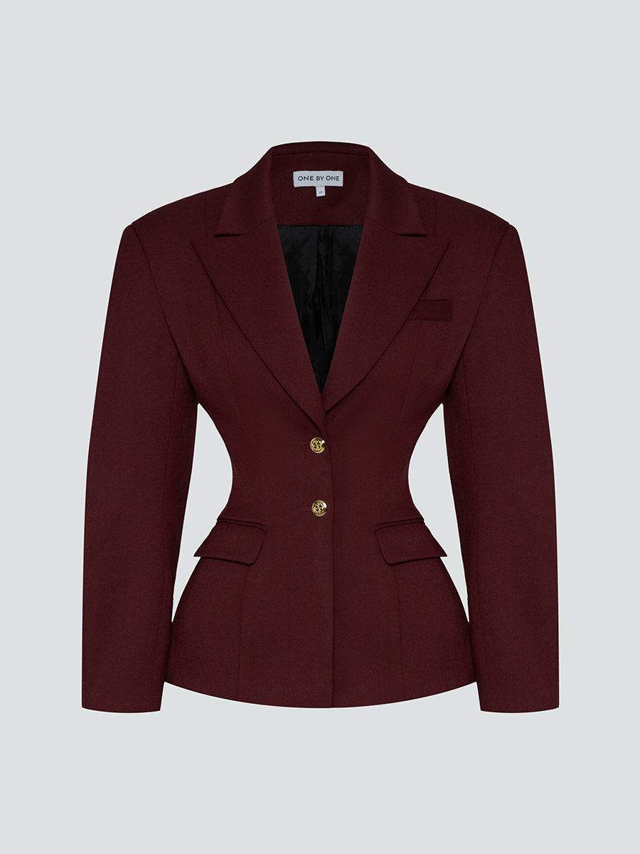 Жакет приталений бордового кольору з виразним коміром 9