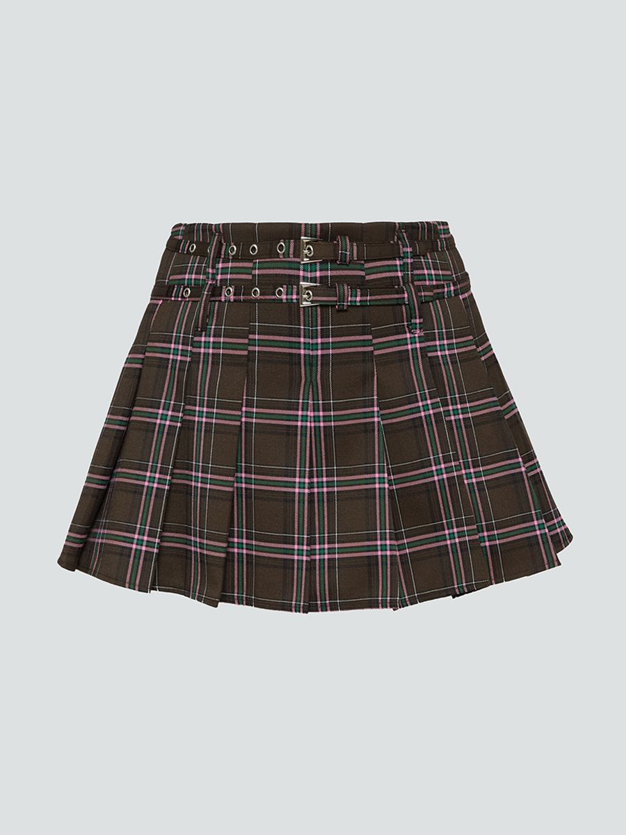 Спідниця-шорти міні коричневого кольору в клітинку з подвійними шльовками 9