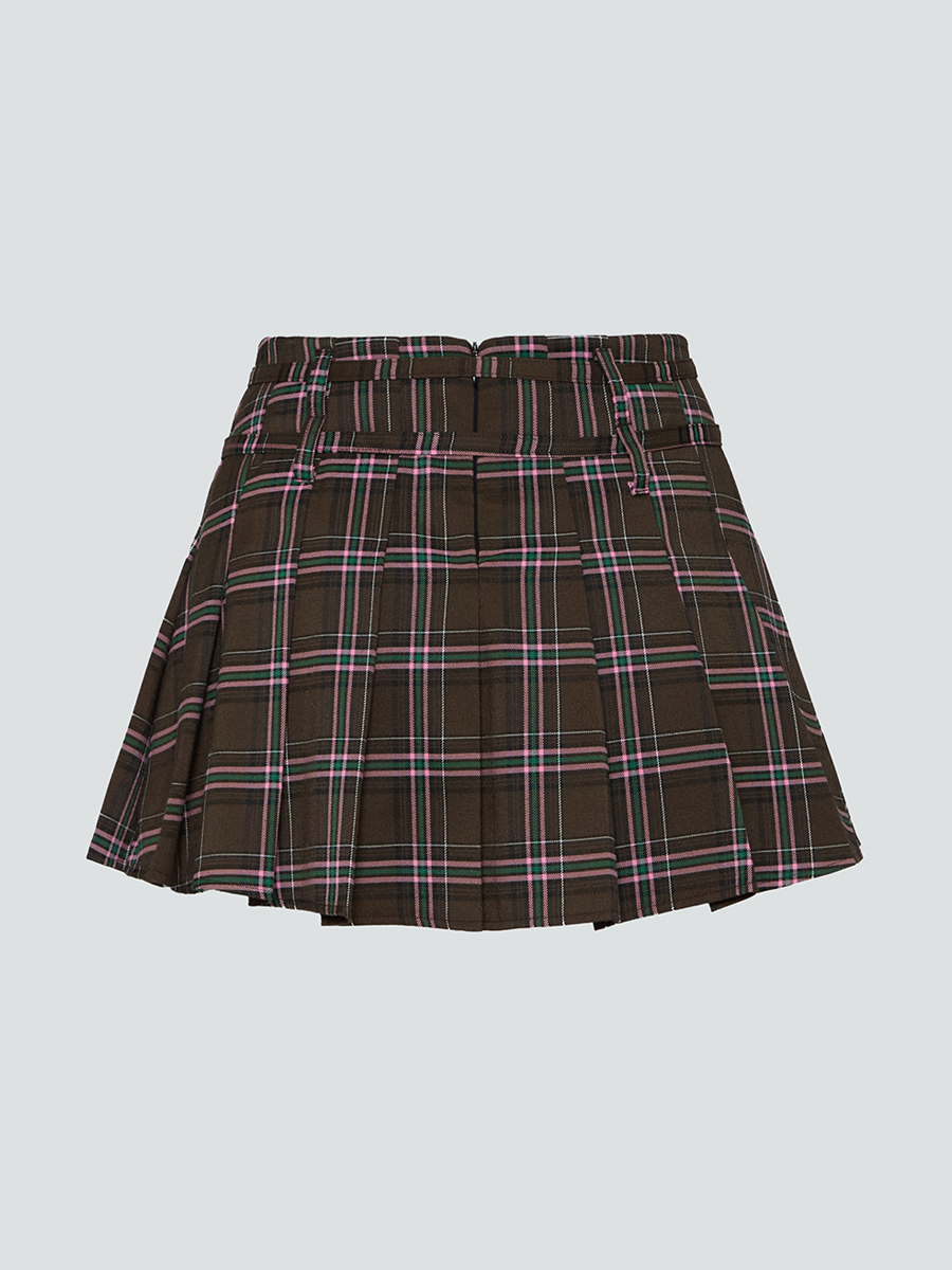Спідниця-шорти міні коричневого кольору в клітинку з подвійними шльовками 10