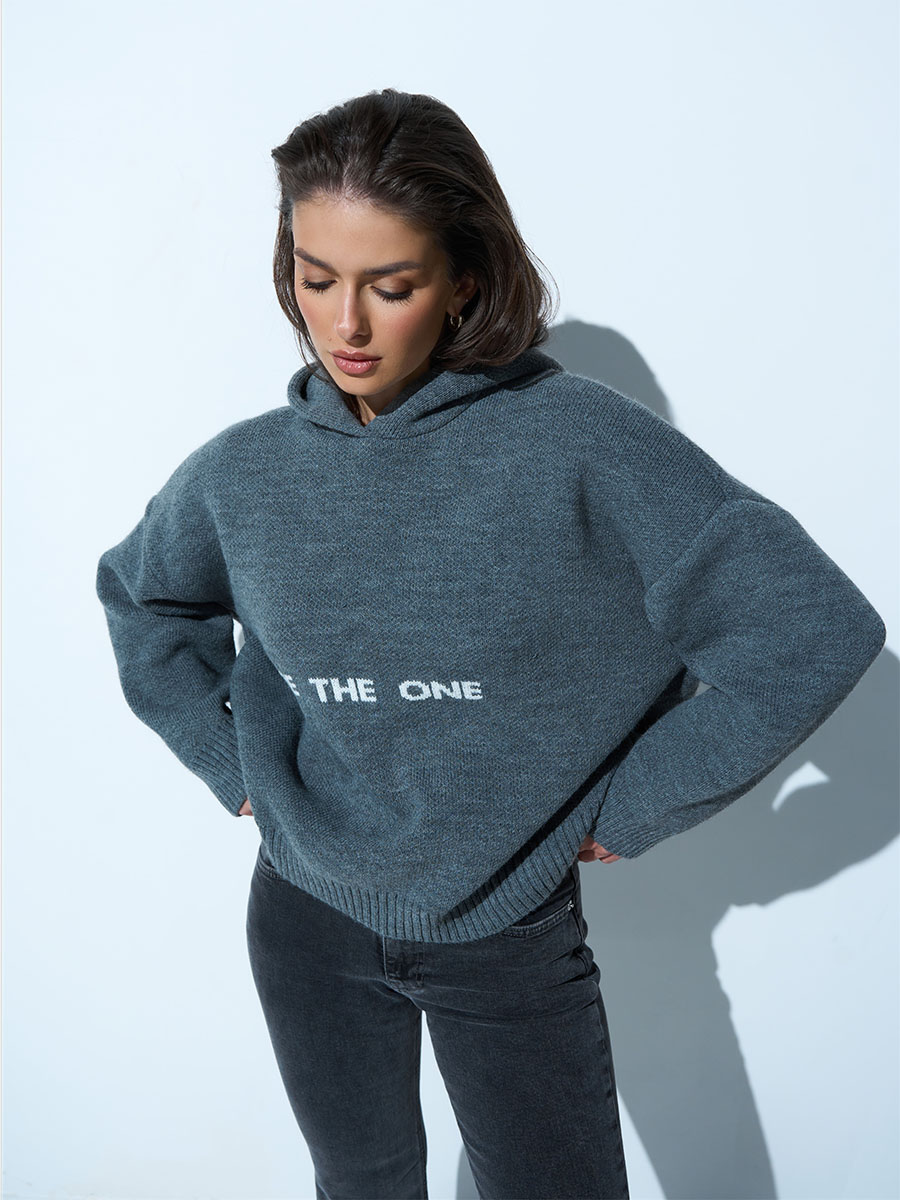 Светр сірого кольору з каптуром напис BE THE ONE 1