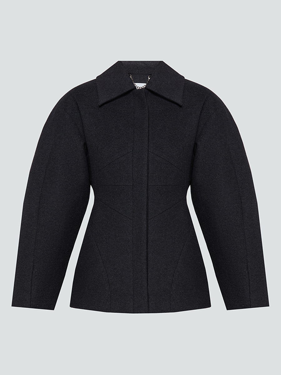 Пальто утеплене темно-сірого кольору приталене з об'ємним рукавом 7