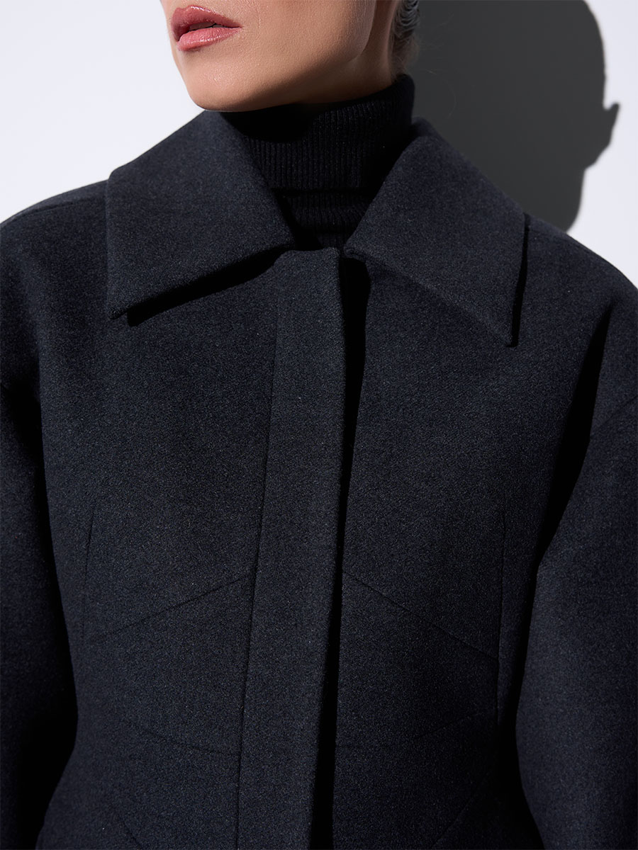 Пальто утеплене темно-сірого кольору приталене з об'ємним рукавом 5