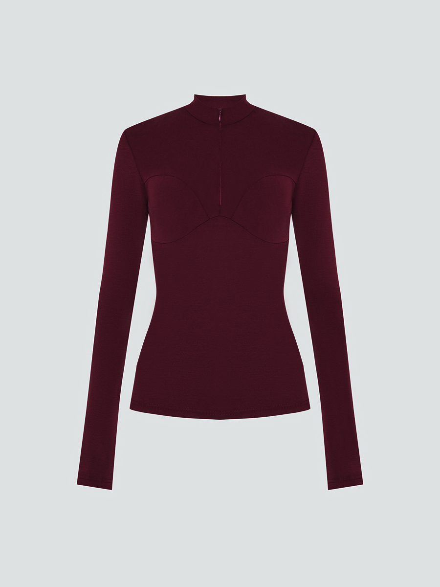 Лонгслів бордового кольору із блискавкою та коміром-стійка 6