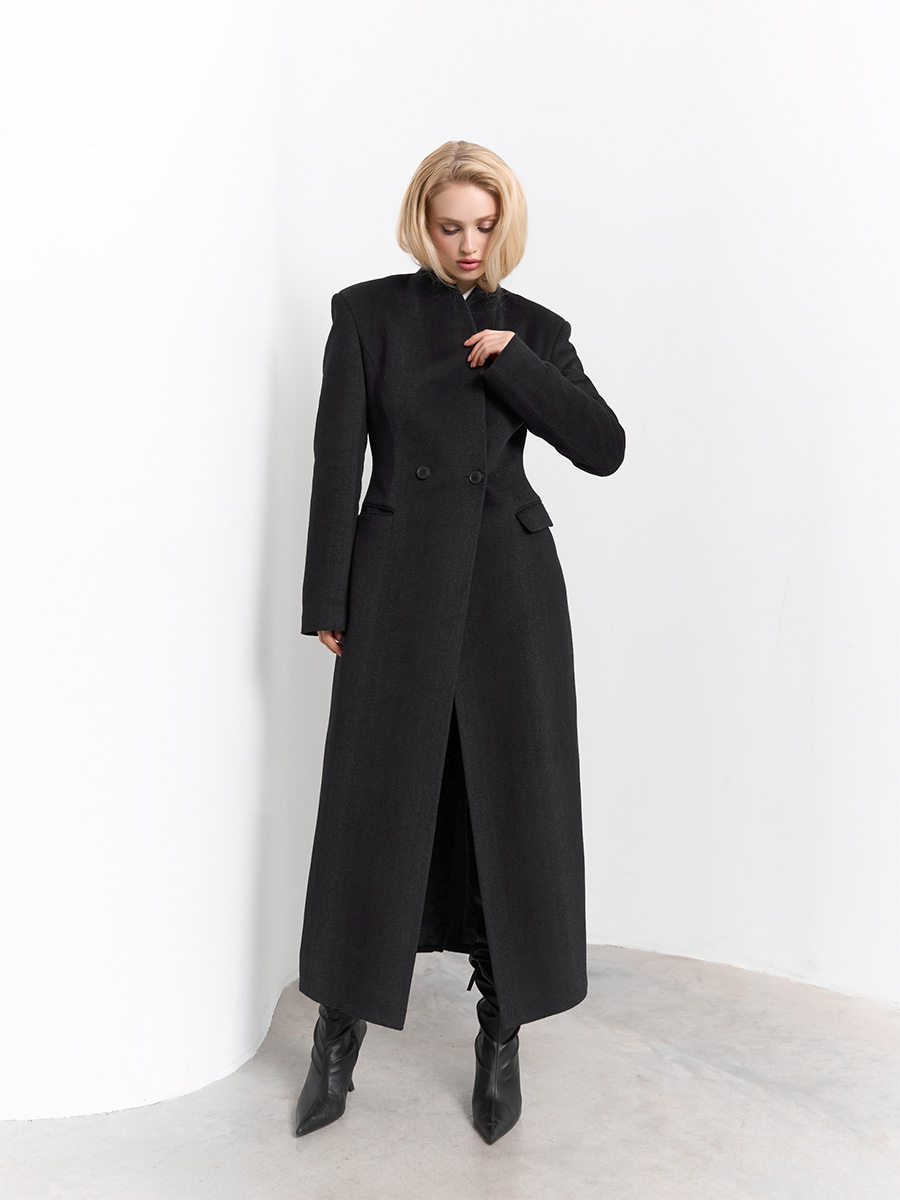 Пальто міді двобортне чорного кольору утеплене 1