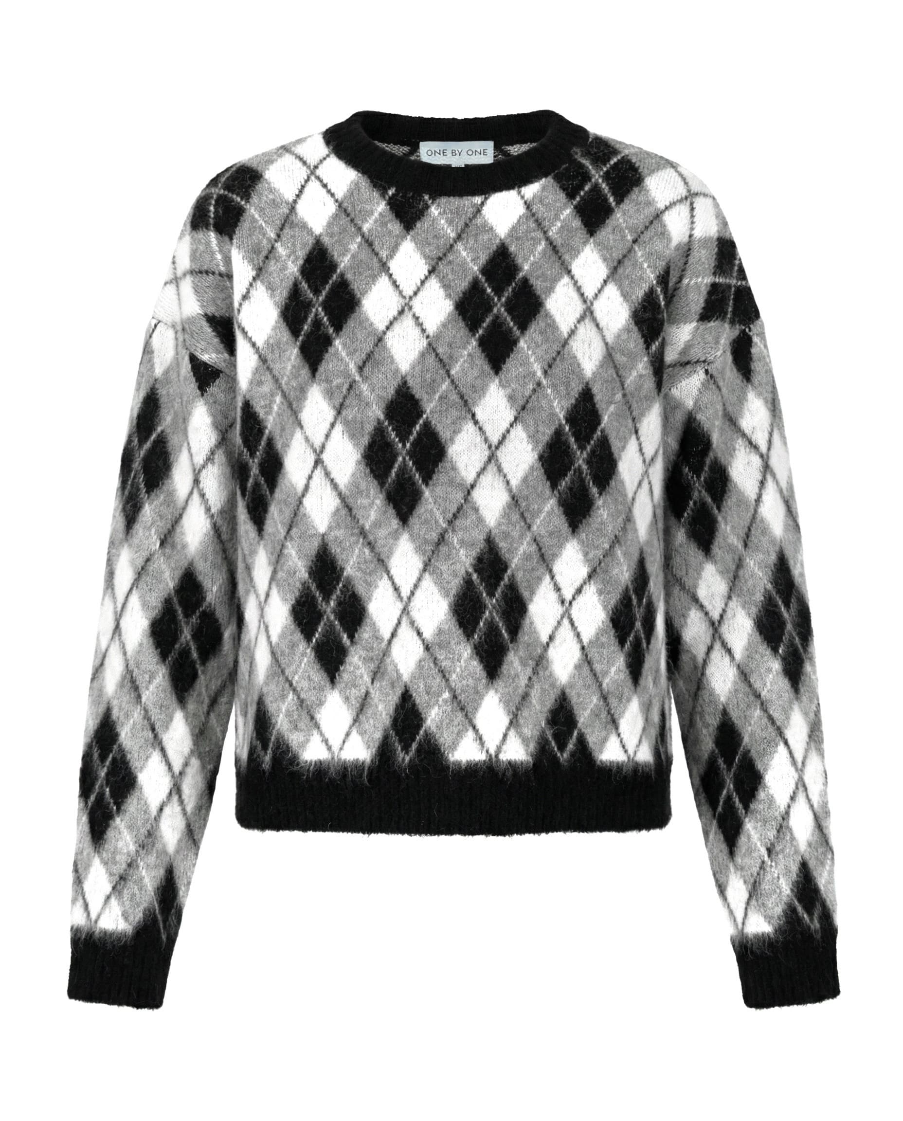 Светр оверсайз сірого кольору з коміром човник і візерунок ромби 1