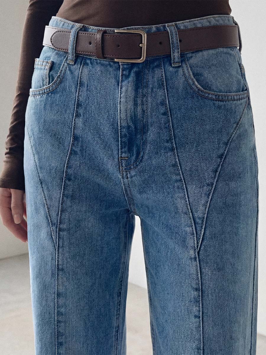 Джинси прямого крою синього кольору з вертикальними відстрочками 1