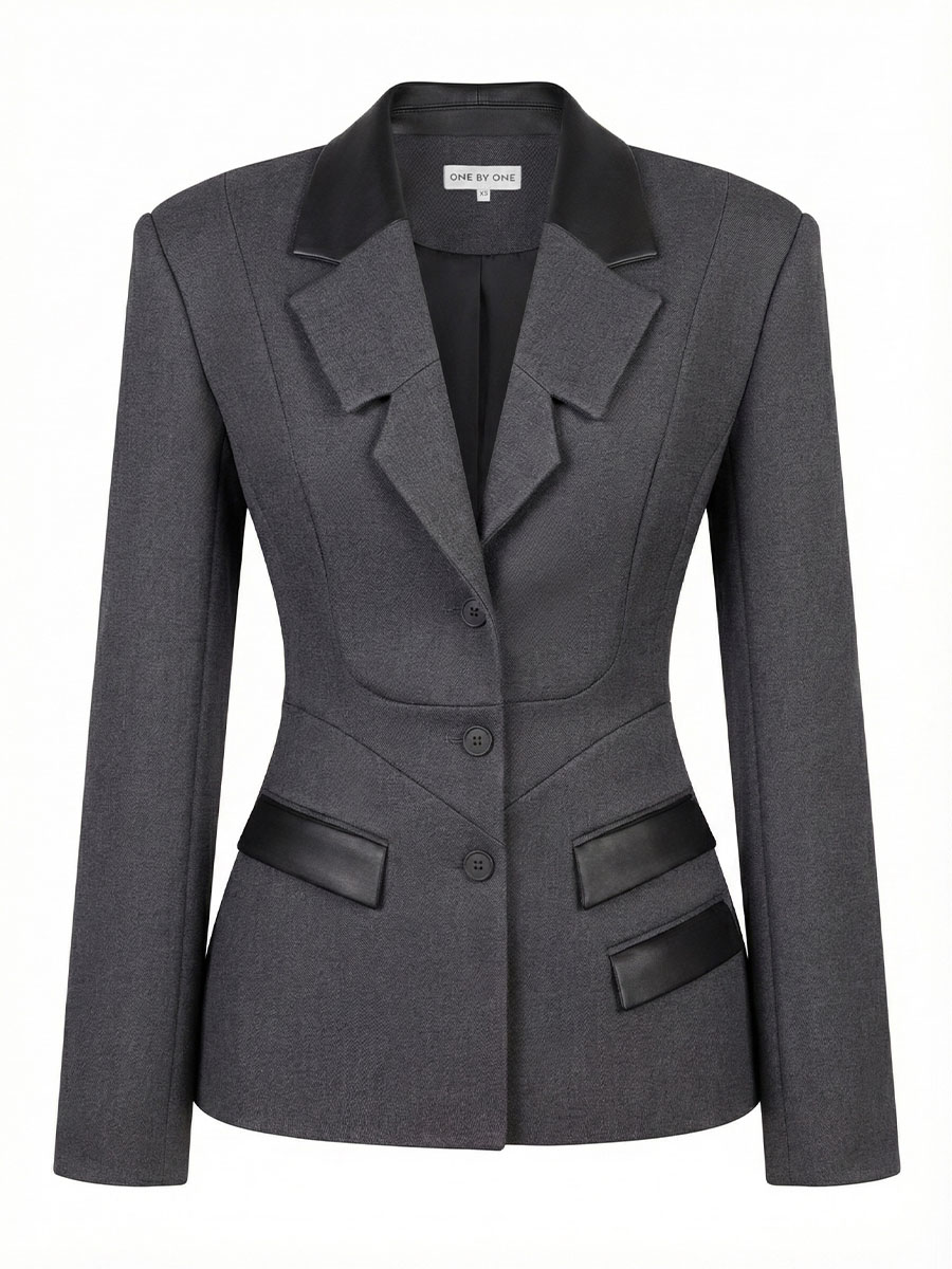 Жакет приталений сірого кольору зі вставками з еко-шкіри 6