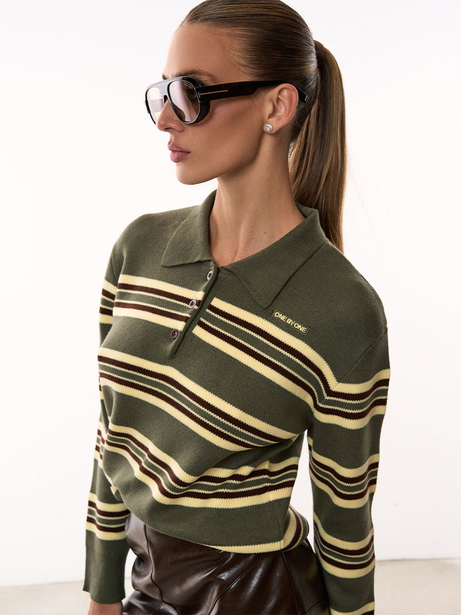 Поло оверсайз зеленого кольору у коричневі та жовті смужки 1
