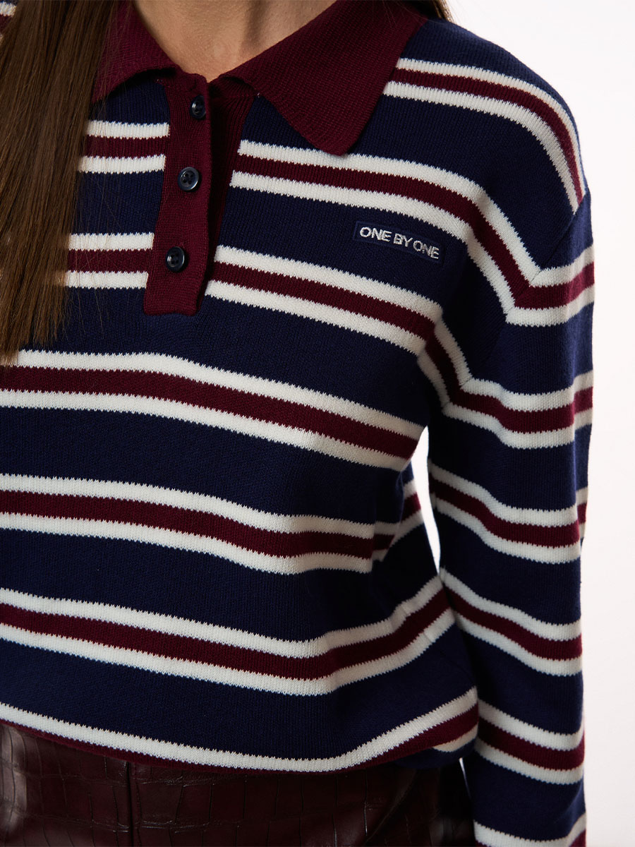 Поло оверсайз темно-синього кольору у білі та бордові смужки 1