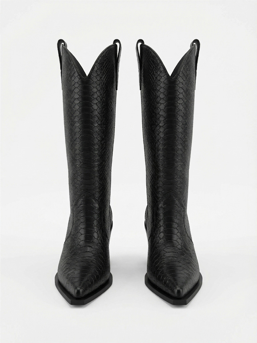 Козаки шкіряні чорного кольору середньої висоти принт рептилія 1