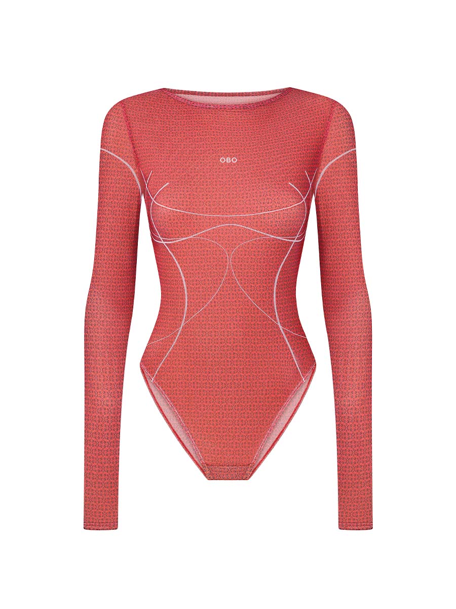 Боді червоного кольору з сітки бренд елемент ОВО по центру