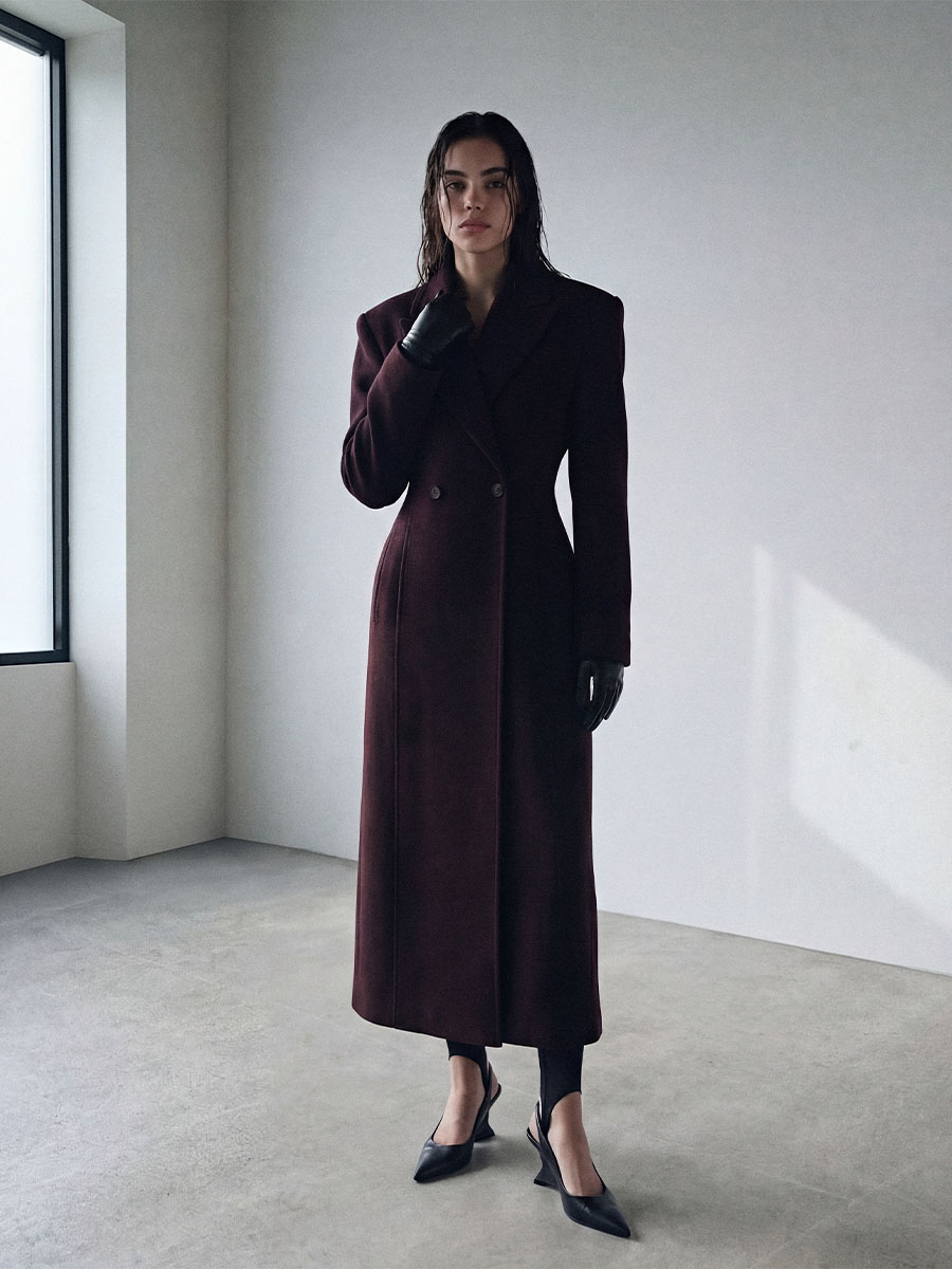 Пальто міді двобортне бордового кольору 1