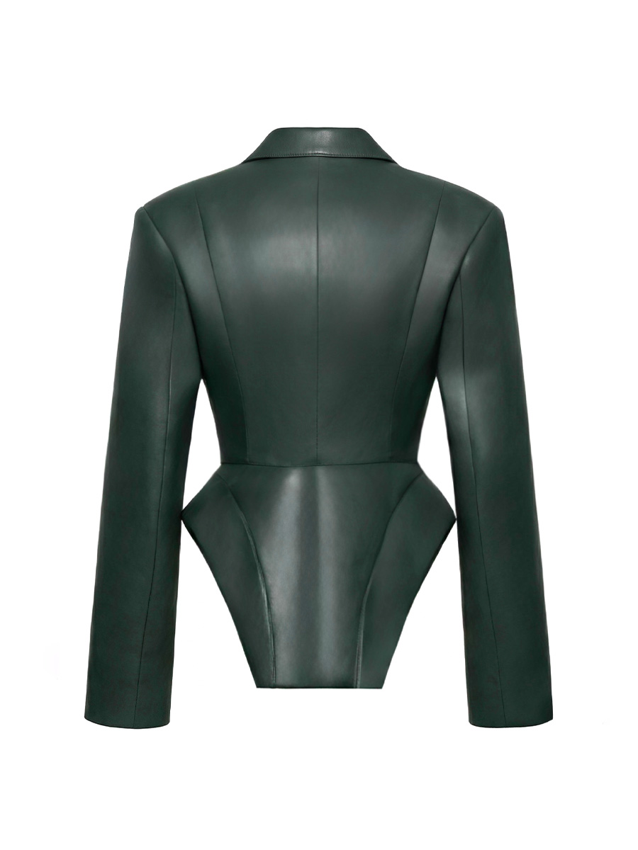 Жакет смарагдового кольору з еко-шкіри з глибоким вирізом 7